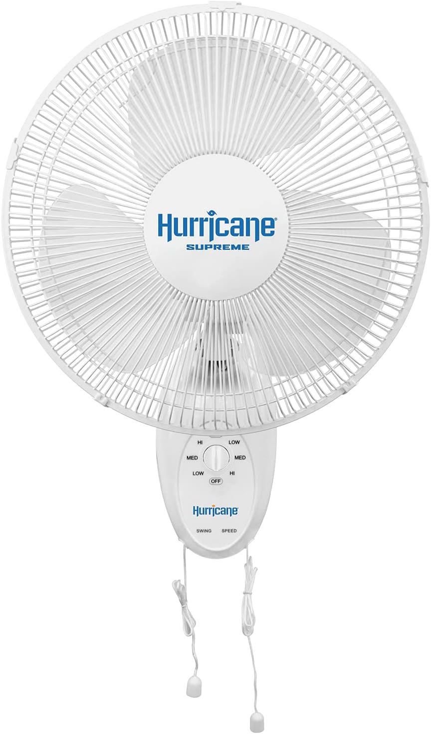 Hurricane Supreme 12 Inch Oscillating Wall Mount Fan with 3 Speed Settings and 90 Degree Oscillation, White