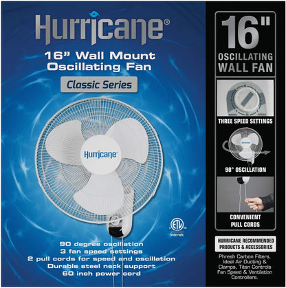 Hurricane Classic 16 Inch Oscillating Wall Mount Fan with 3 Speed Settings, White