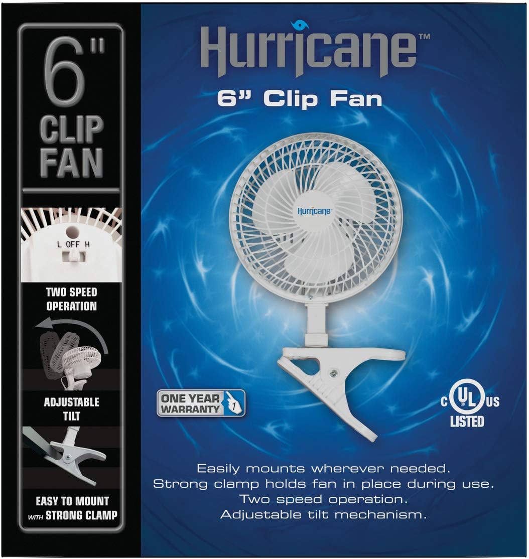 Hurricane Classic 6 Inch Clip Fan - Portable Fan with Strong Clamp, Two Speed Settings, and Adjustable Tilt Mechanism, White