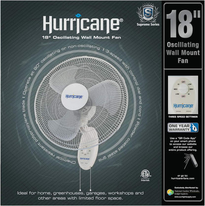 Hurricane Wall Mount Fan - 18 Inch, Supreme Series, Wall Fan with 90 Degree Oscillation, 3 Speed Settings, Adjustable Tilt - ETL Listed, White