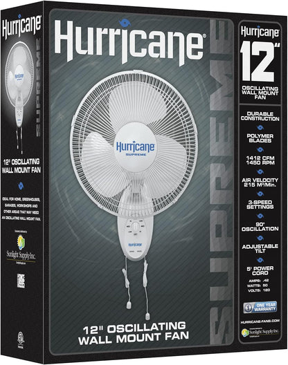 Hurricane Supreme 12 Inch Oscillating Wall Mount Fan with 3 Speed Settings and 90 Degree Oscillation, White