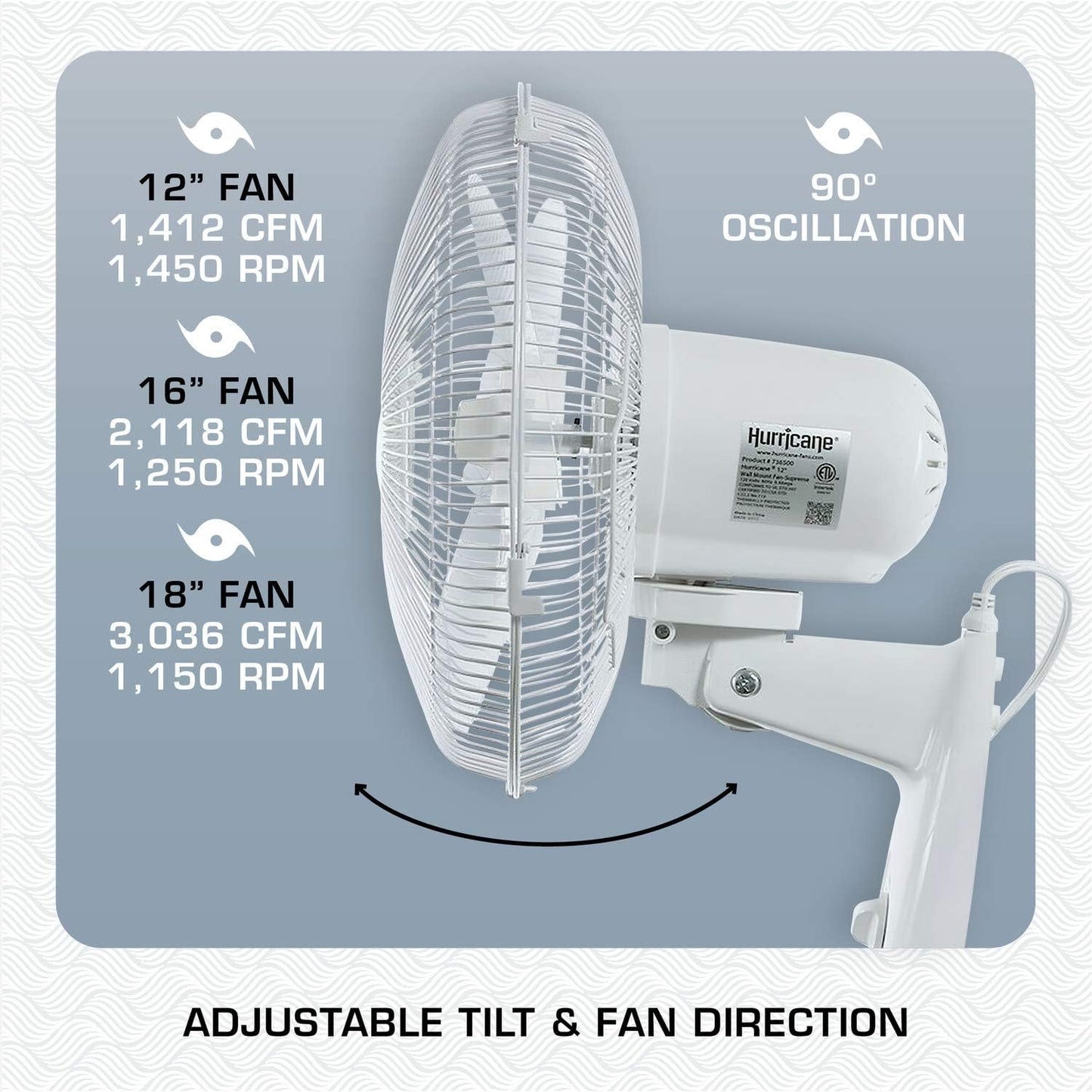 Hurricane Wall Mount Fan - 16 Inch, Supreme Series, Wall Fan with 90 Degree Oscillation, 3 Speed Settings, Adjustable Tilt - ETL Listed, White