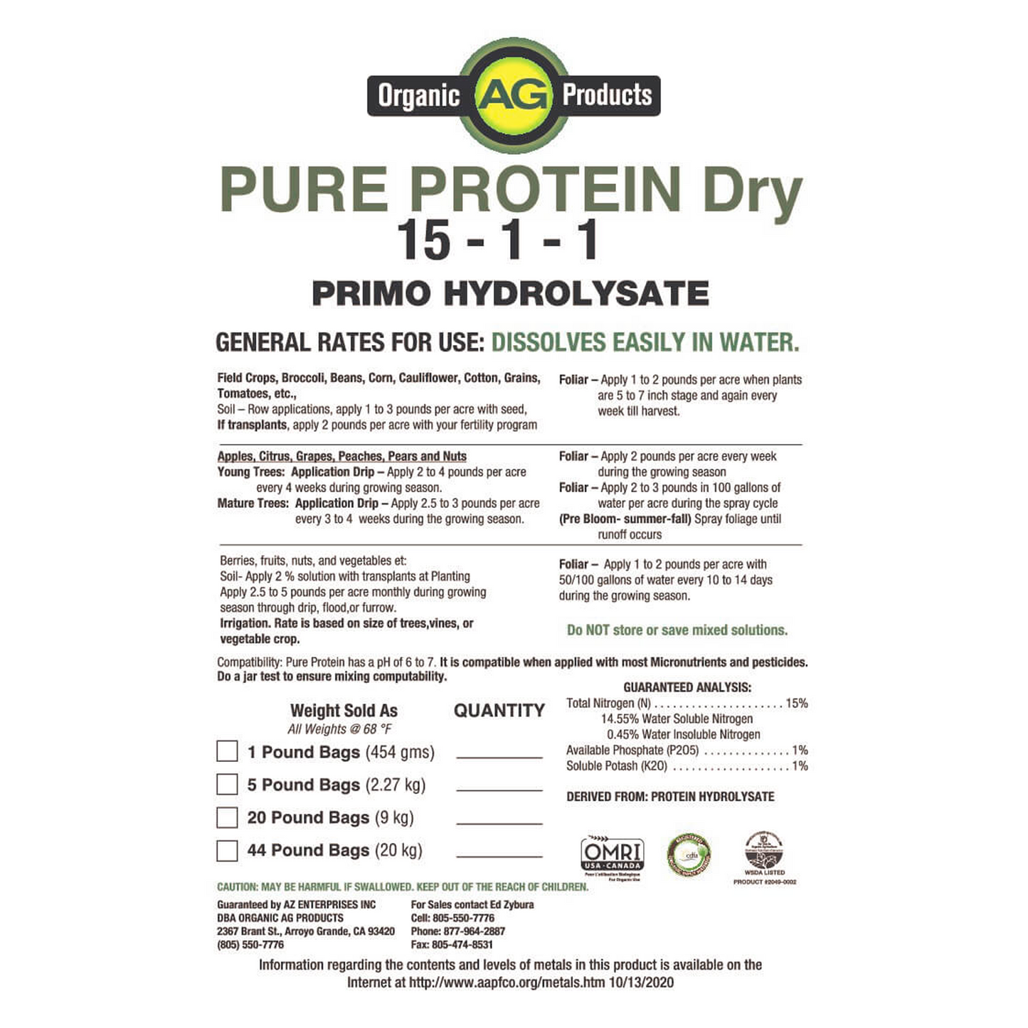 AG Organic Products Pure Protein Dry - Organic Fish Aminos 1lb